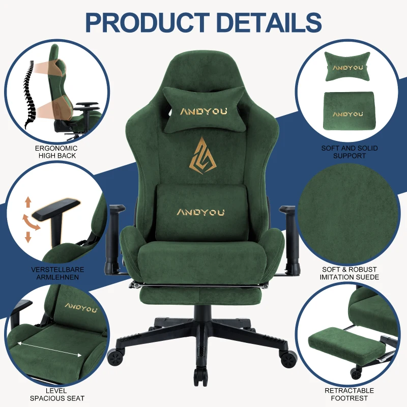 Sedia gaming con poggiapiedi, similpelle scamosciata traspirante, regolabile in altezza con pistone a gas, girevole, 70x70x135 cm, Verde