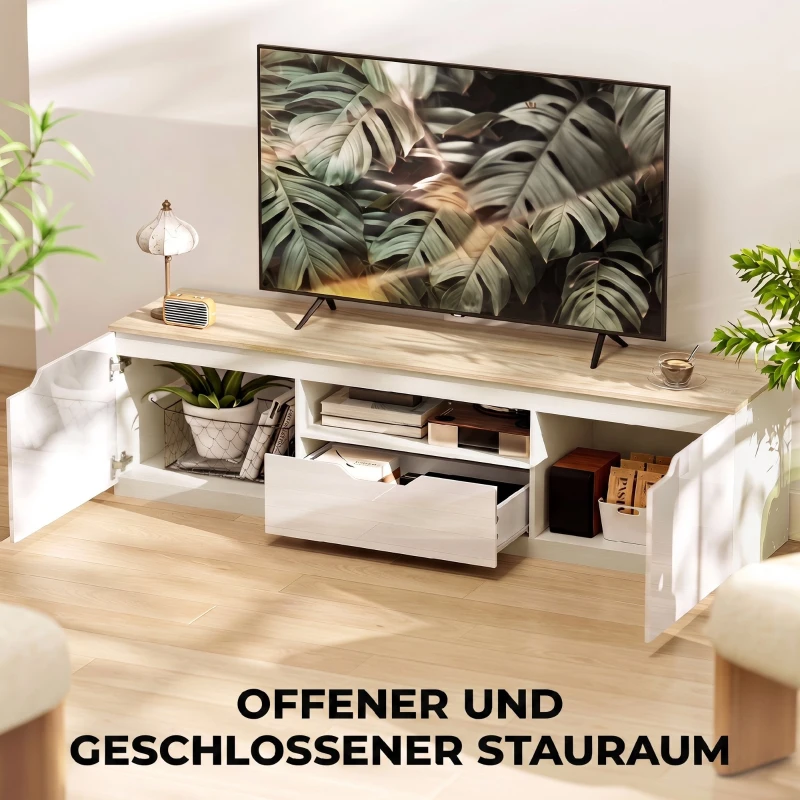 HOMCOM TV-Lowboard, Hochglanz, für Fernseher bis 65'', 3 Fächer, Schublade, 160 x 38 x 43 cm, Naturholz