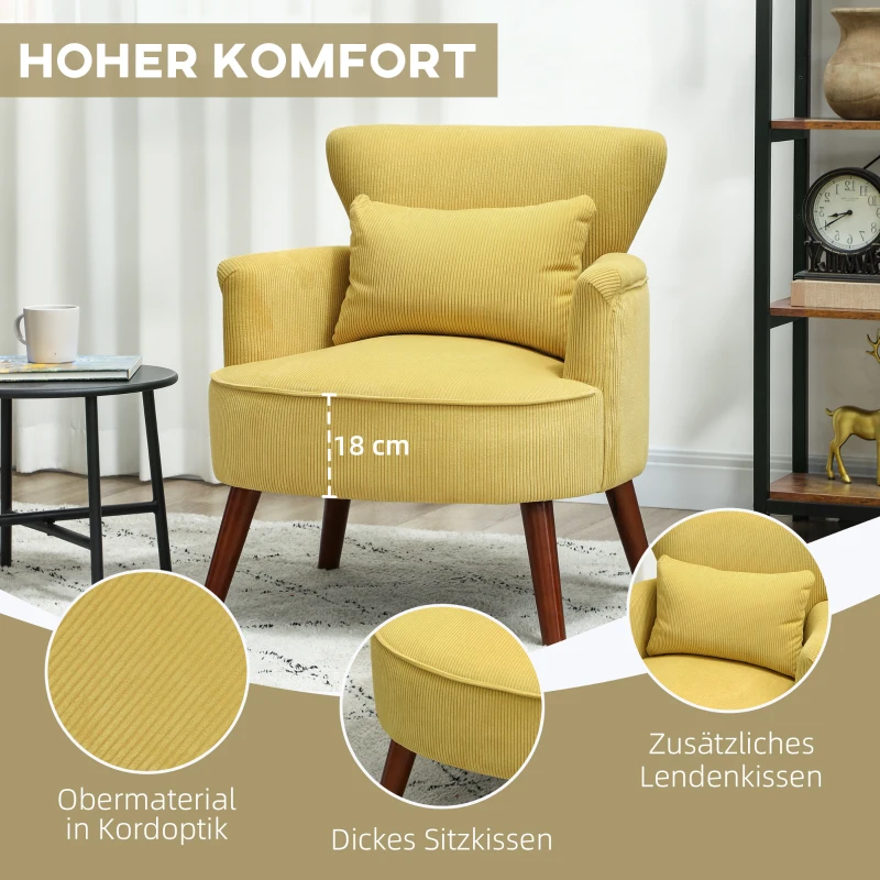 HOMCOM Moderne gevulde accentfauteuil met lendenkussen, rubberhouten poten - geel
