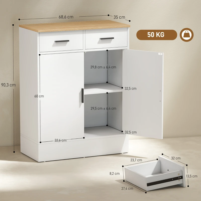 HOMCOM Aparador de Salón con 2 Puertas 2 Cajones y Estantes Ajustables para Cocina Entrada Dormitorio 68,6x35x90,3 cm Blanco