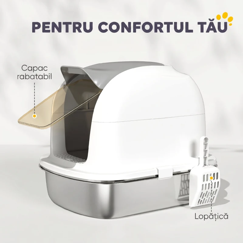 PawHut Litieră pentru Pisici Închisă din Oțel Inoxidabil XL cu Capac Detașabil