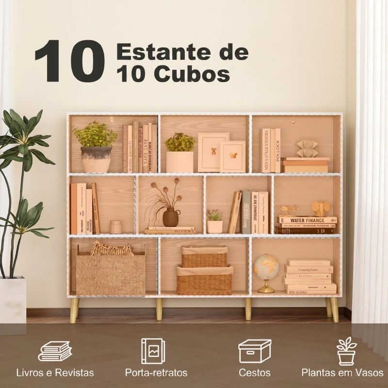 HOMCOM Estante para Livros com 10 Compartimentos e Pés em Madeira Maciça, 140x24x107 cm, Branco
