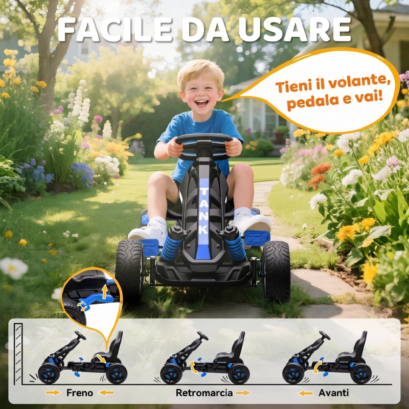 AIYAPLAY Go Kart a Pedali per Bambini 3-6 Anni, 50 kg Portata, con Portabicchieri e Ruote in EVA Antiscivolo, Blu