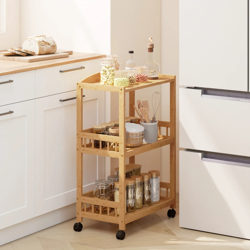 HOMCOM Keukenwagen met 3 niveaus, Serveerwagen met opbergruimte, Keukenrek op wielen, voor keuken, badkamer, kantoor, Natuurlijk hout