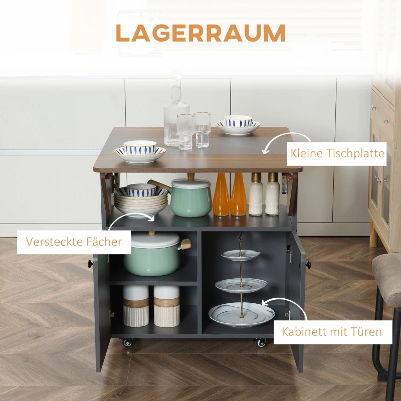 HOMCOM Klaptafel Rollenkast, twee klapbare tafelzijden, kastvak, 4 wielen, Lichtgrijs + Donkerbruin, 70 x 83 x 75cm(m-6)