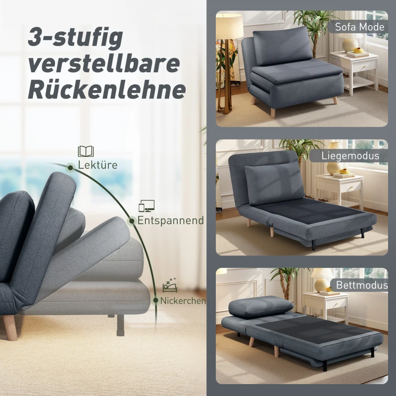 HOMCOM 3-in-1 slaapfauteuil met bedfunctie, ligfauteuil, verstelbare rugleuning, beukenhouten poten, kussen, grijs