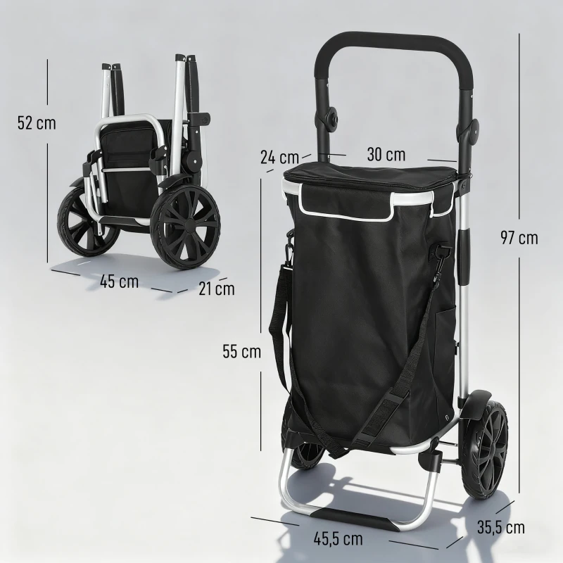 HOMCOM 3-in-1 opvouwbare boodschappentrolley 40L, belastbaar tot 25 kg, met koelvak, zwart