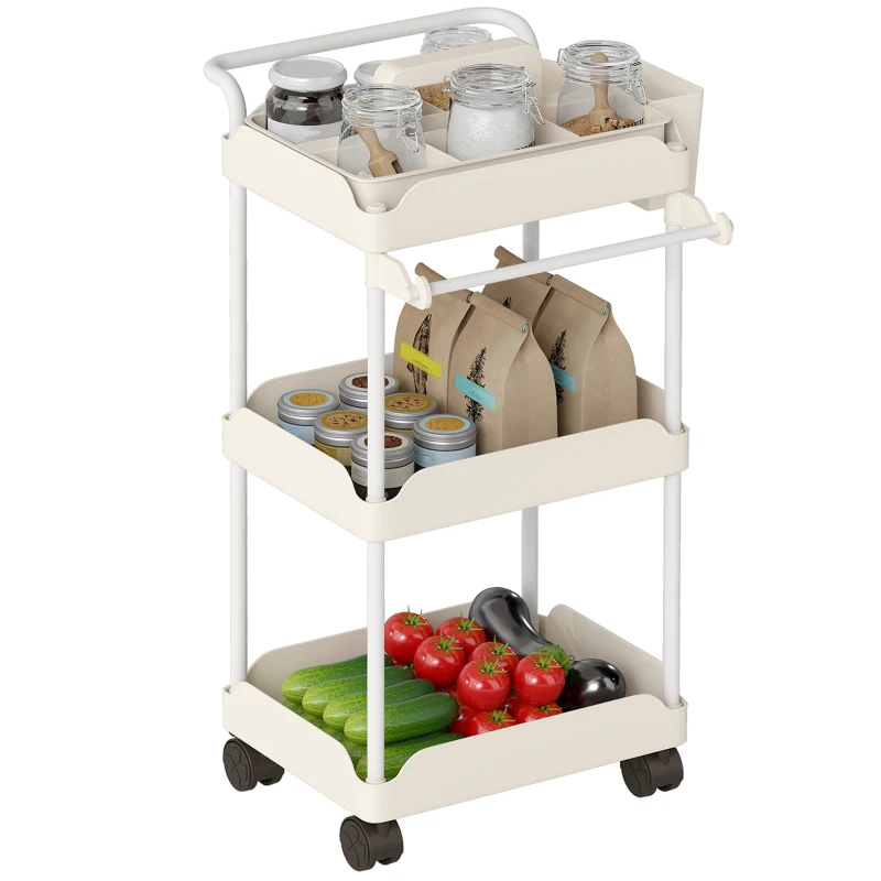 HOMCOM opbergtrolley, 3 manden, handdoekhouder, wielen, handgreep, metalen frame, wit