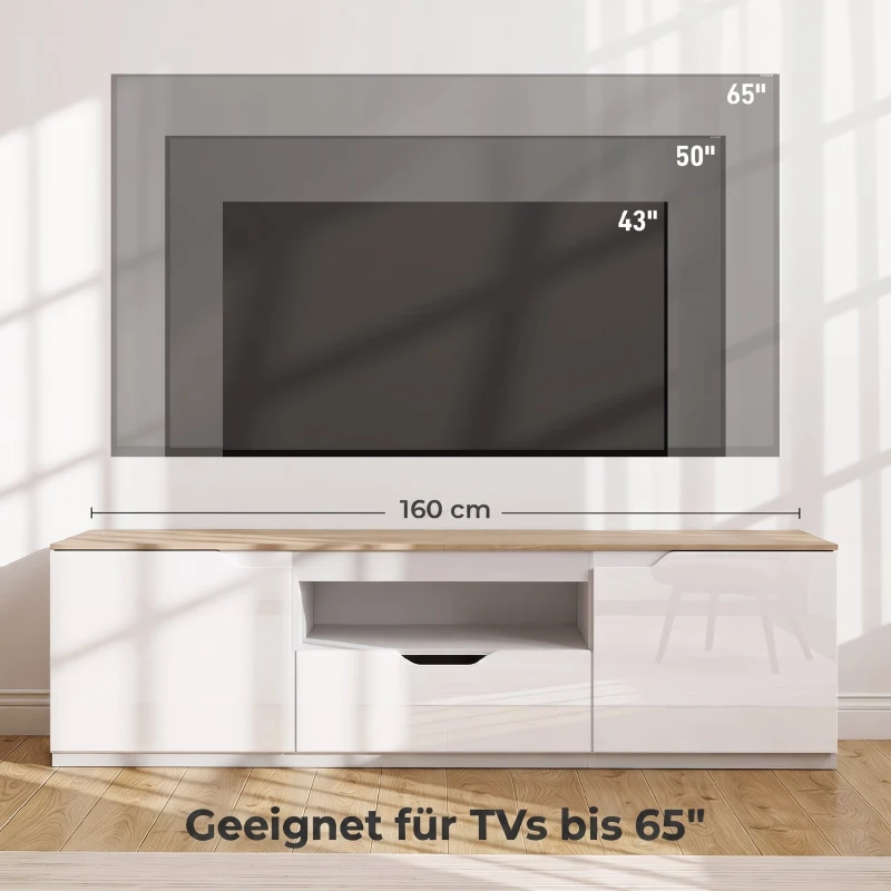 HOMCOM TV-Lowboard, Hochglanz, für Fernseher bis 65'', 3 Fächer, Schublade, 160 x 38 x 43 cm, Naturholz