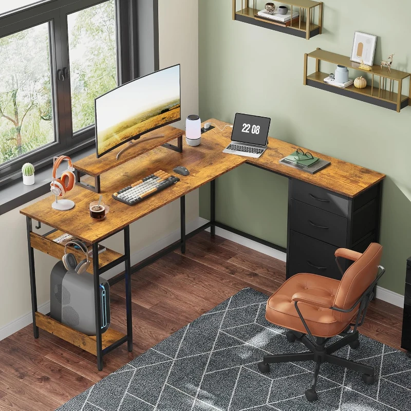 Bureau d'angle gaming en L, structure métallique stable & plateau en bois, montage facile, 150x50x87,5 cm, marron