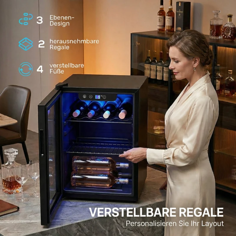 HOMCOM Wijnkoeler voor 16 flessen, 48 L capaciteit, 4–16°C, Onderbouw koelkast voor drankjes en bier, met glazen deur, LED-verlichting
