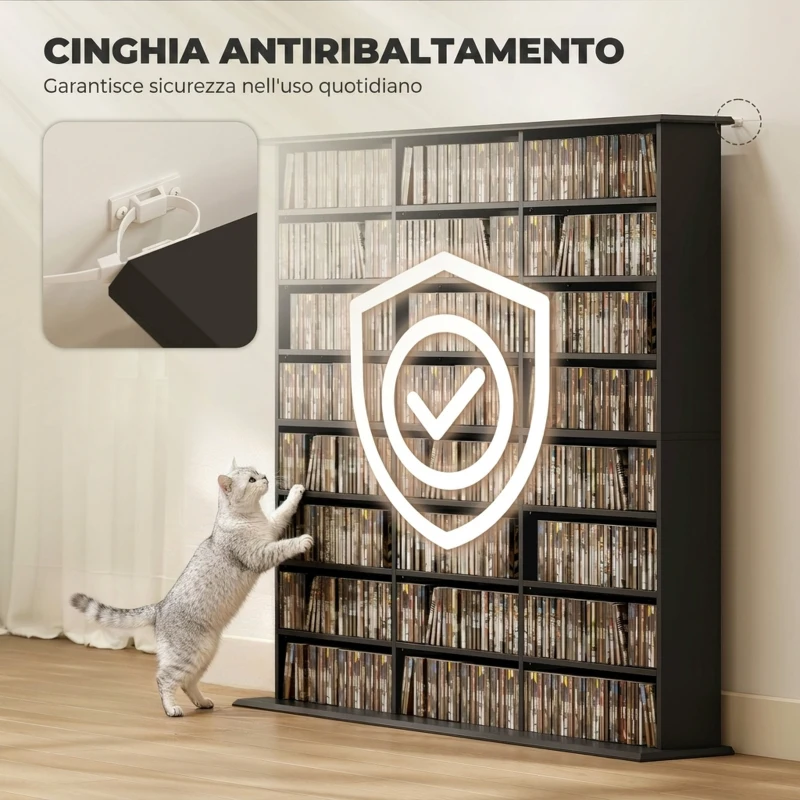 HOMCOM Mobile Porta CD a 8 Livelli con 18 Ripiani Regolabili, 1032 CD/594 DVD/Blu-ray Salvaspazio, con 24 Scomparti, 145x24x126.3 cm, Nero