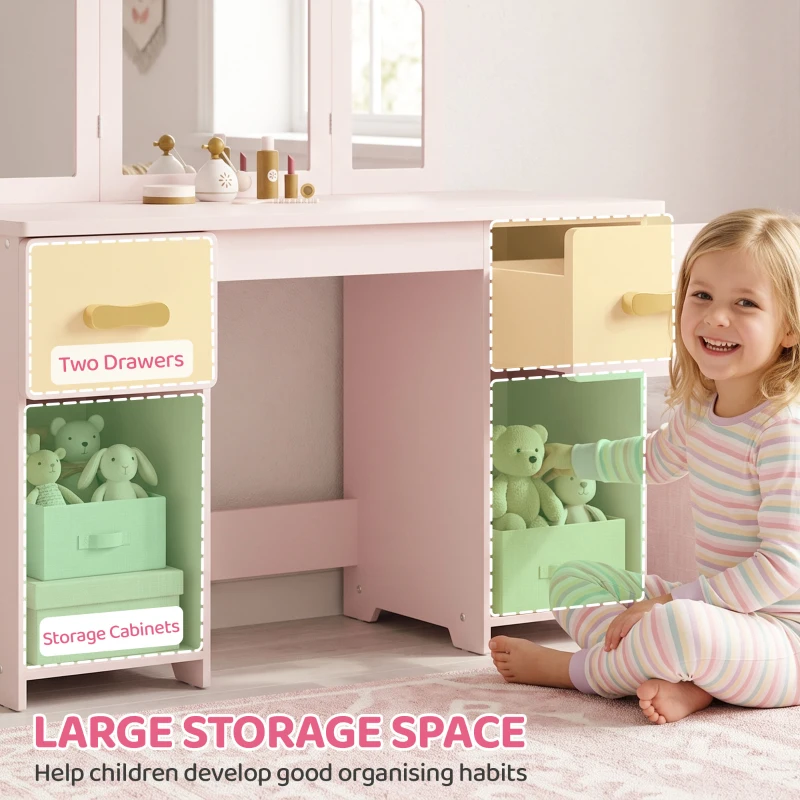 AIYAPLAY Kids Dressing Table, Kids Vanity Table and Chair Set with Tri-Folding Mirror, 2 Drawers, 2 Cabinets for Girls 3+, Pink