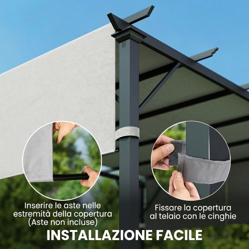 Outsunny Telo Gazebo Pergola 3x3 m con Tasche e Cinghie per Aste, in Poliestere, 488x122 cm, Grigio Chiaro