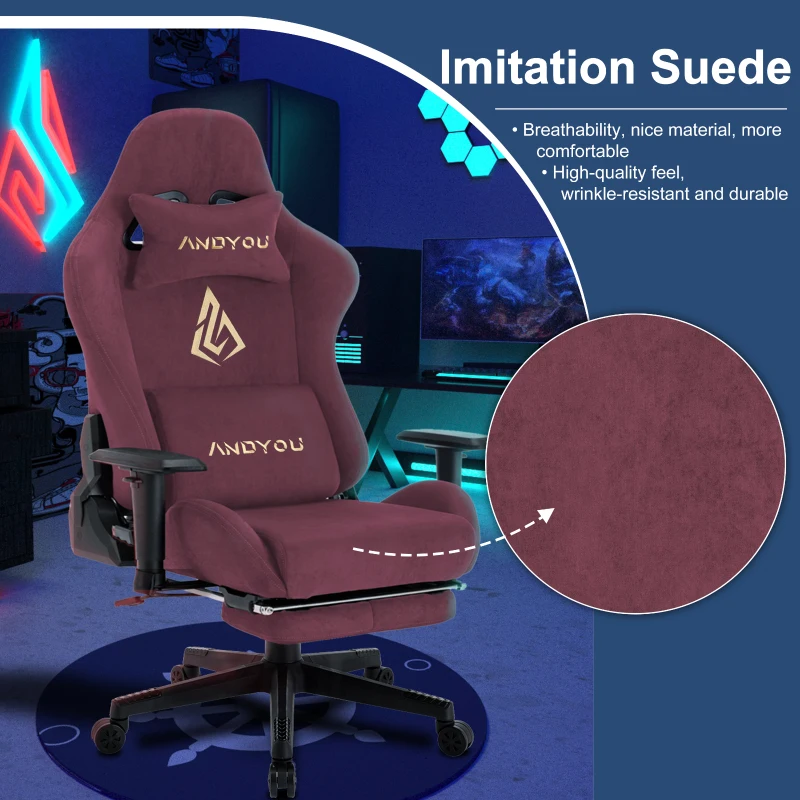 Sedia da gaming con poggiapiedi, in similpelle scamosciata traspirante, regolabile in altezza con molla a gas, girevole, 70x70x135 cm, Rosso