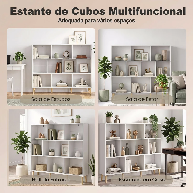 HOMCOM Estante para Livros com 10 Compartimentos e Pés em Madeira Maciça, 140x24x107 cm, Branco
