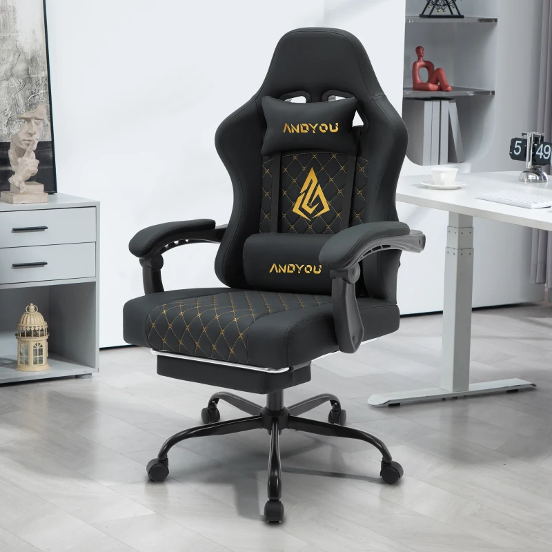 Sedia da gaming con poggiapiedi, morbido cuscino per collo e lombare, cuscini di supporto rimovibili, 60x60x122 cm, Nero