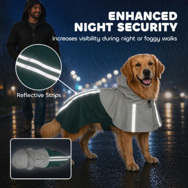 PawHut Dog Raincoat with Hood, Waterproof & Breathable Rain Jacket with Leash Hole, for Large Dogs, Green, L