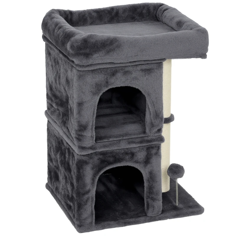 PawHut Árbol Rascador para Gatos Árbol para Gatos 66 cm con Cama 2 Cuevas Poste de Sisal Bola para Jugar Gris Oscuro