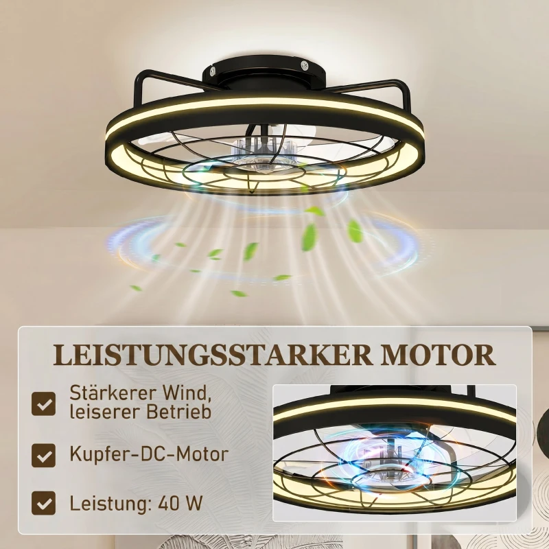 HOMCOM Plafondventilator met licht en afstandsbediening, 48 cm LED-plafondventilator met 3 kleurtemperaturen, 6 snelheden, timer, zwart
