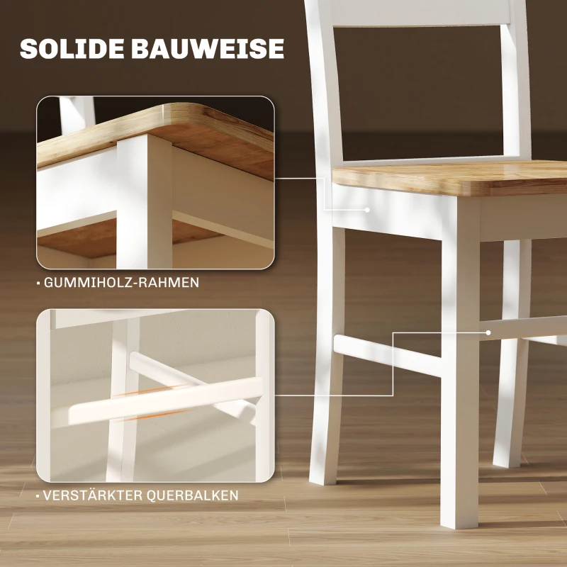 HOMCOM Set van 2 Keukenstoelen, Rubberhout, Gebogen Lattenrugleuning, Wit