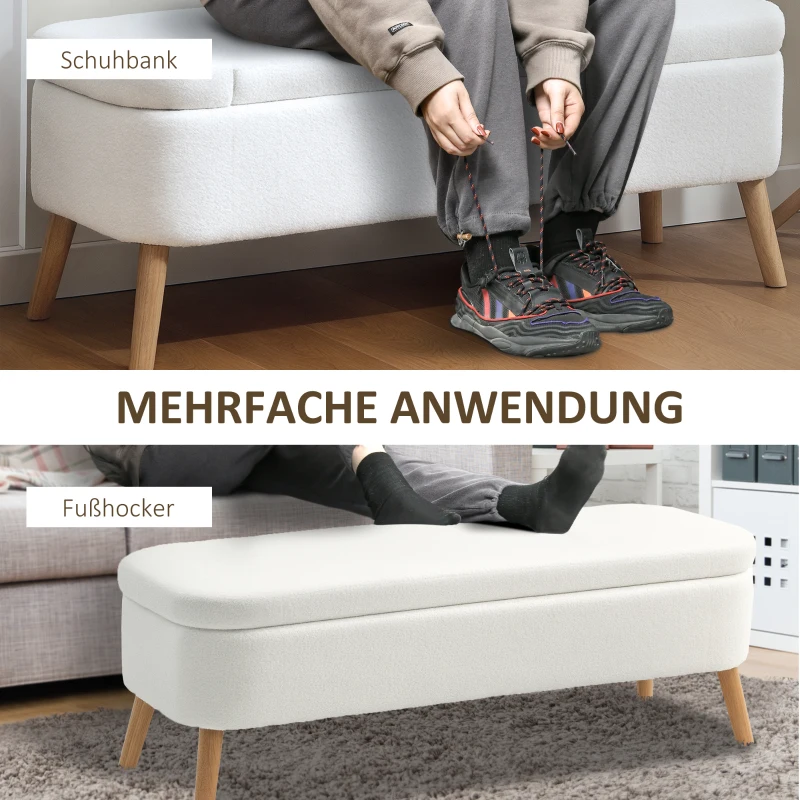 HOMCOM Opbergzithocker, zithocker met 65 L opbergruimte, voetensteun, fleece-stof, rubberhout, schuim, 120 x 42 x 45 cm, Crèmekleurig(m-6)