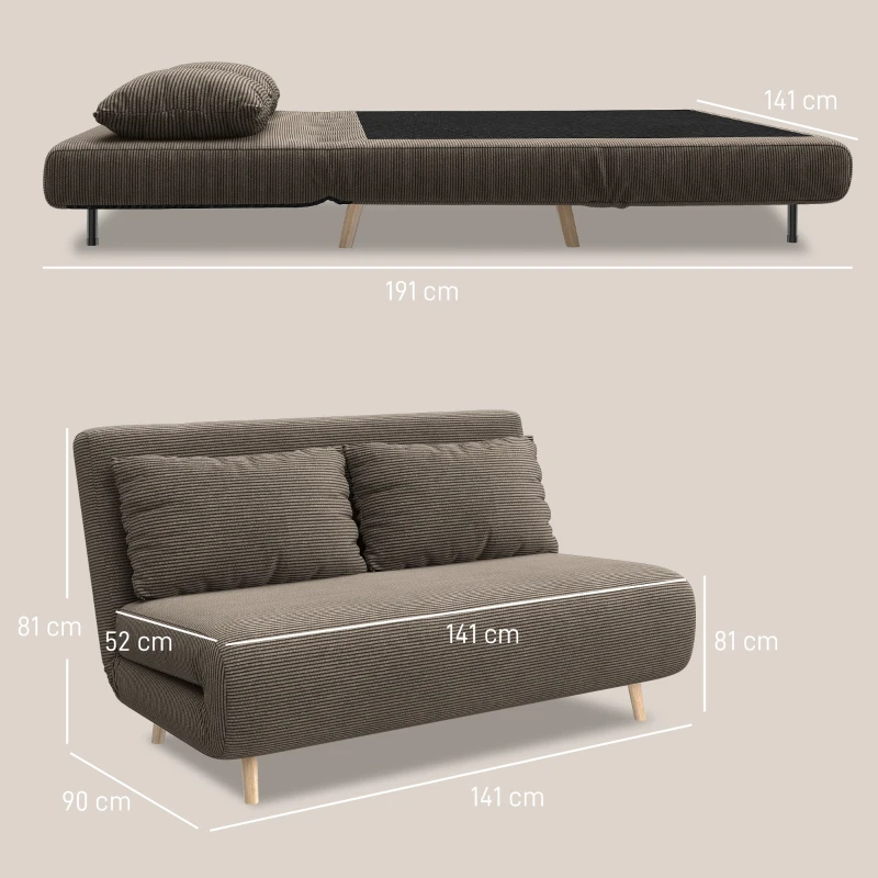 HOMCOM Slaapbank, logeerbed, 3-standen verstelbare rugleuning, cordstof, tot 120 kg, 141 x 90 x 81 cm, donkerbruin(m-3)