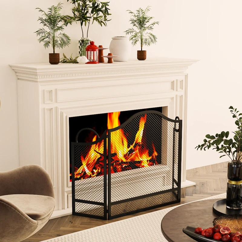 HOMCOM Parachispas para Chimenea Plegable de 3 Paneles, en Metal Pintado, Listo para Usar, 122x1x74 cm, Negro