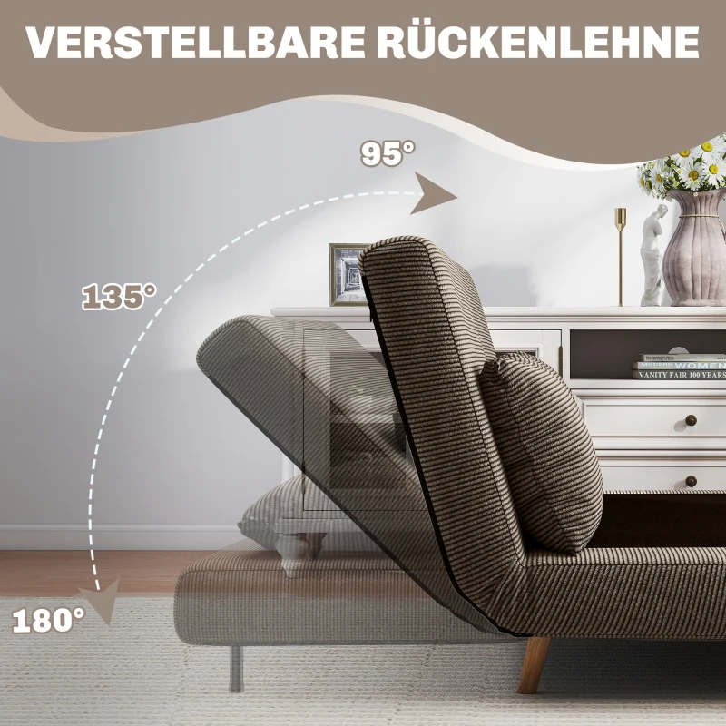 HOMCOM Slaapbank, logeerbed, 3-standen verstelbare rugleuning, cordstof, tot 120 kg, 141 x 90 x 81 cm, donkerbruin(m-5)