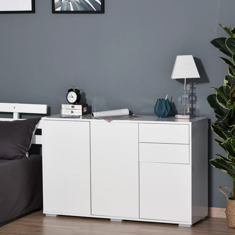 HOMCOM Aparador de Sala de Estar com 3 Portas 2 Gavetas e Prateleira Interior Ajustável Móvel Auxiliar de Armazenamento para Cozinha Dormitório Anti-Rolamento 117x36x74cm Branco