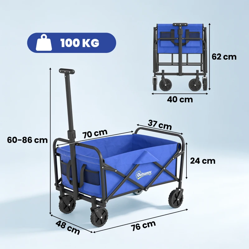 Outsunny Carrinho de Transporte com Rodas Carrinho de Jardim Dobrável com Pega Telescópica Ajustável 2 Bolsas de Arrumação 64x42x27 cm Azul
