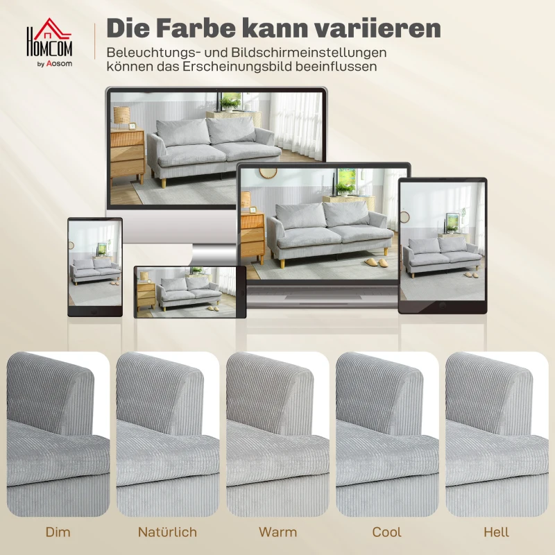 HOMCOM 3-zitsbank, bank met armleuningen, gewatteerde bank met cord-look voor woonkamer lichtgrijs
