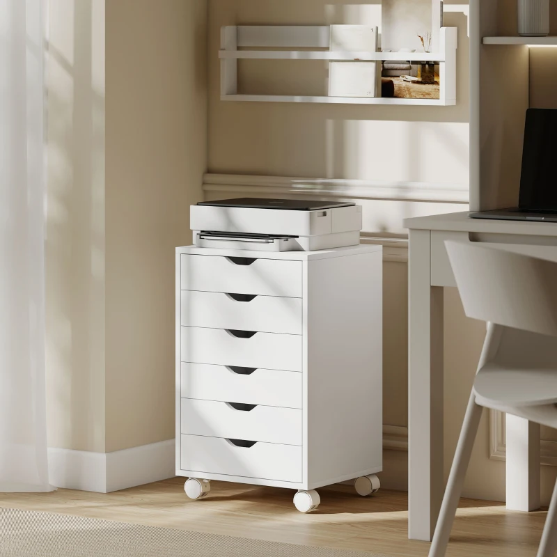 HOMCOM 6 Drawer Vertical File Cabinet, Mobile Filing Cabinet with Quiet Drawers and Wheels with 2 Brakes, White
