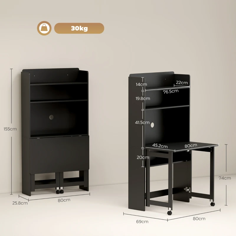 HOMCOM Foldable Desktop, Computer Desk with Storage Shelves, 80 x 69 x 155 cm, Black