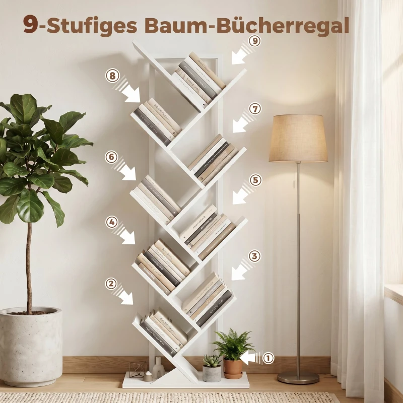 HOMCOM 9-laags boomvormig boekenrek, vrijstaand industrieel boekenrek met stalen frame, opbergeenheid voor CD’s, DVD’s, wit