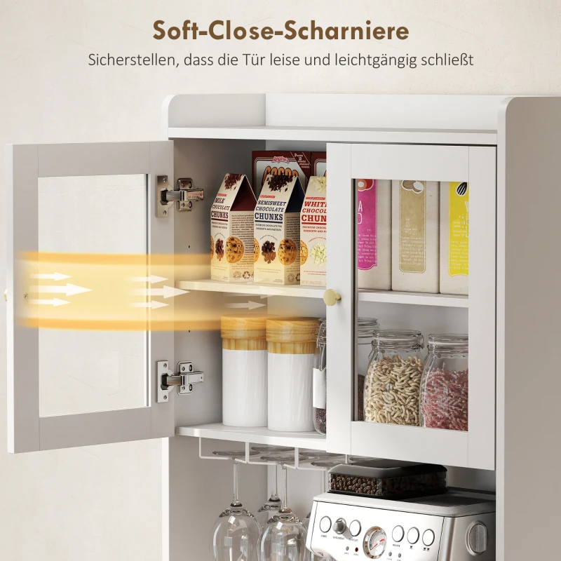 HOMCOM Keukenkast met werkblad, wijnglashouder, voorraadkast voor keuken, eetkamer, 170 cm, MDF, glas, wit(m-8)