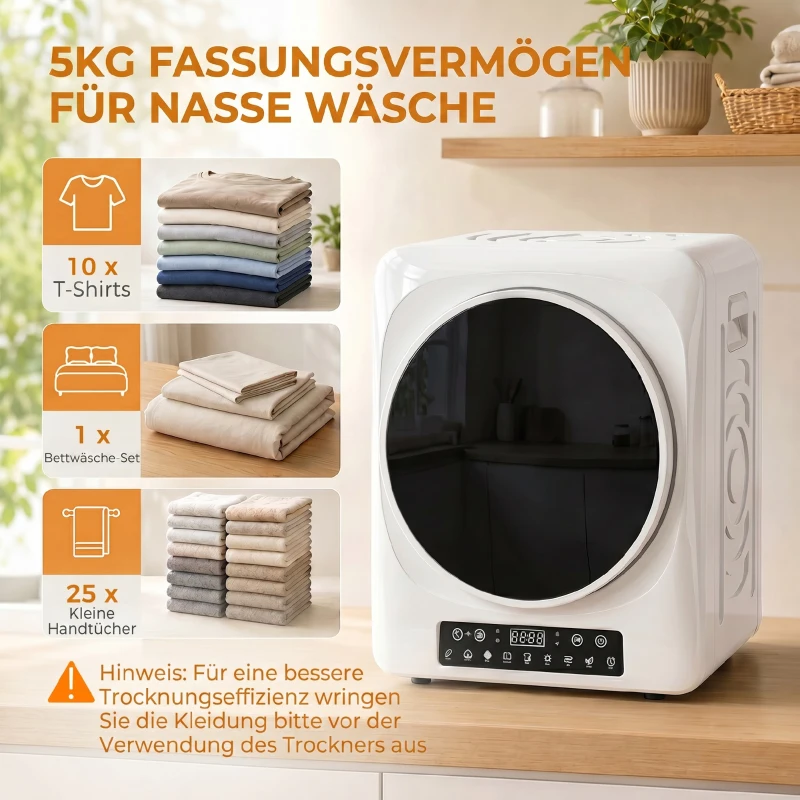 HOMCOM 1000W compacte wasdroger met Extra Droog & ECO-functies, timer- en temperatuurinstellingen, wit