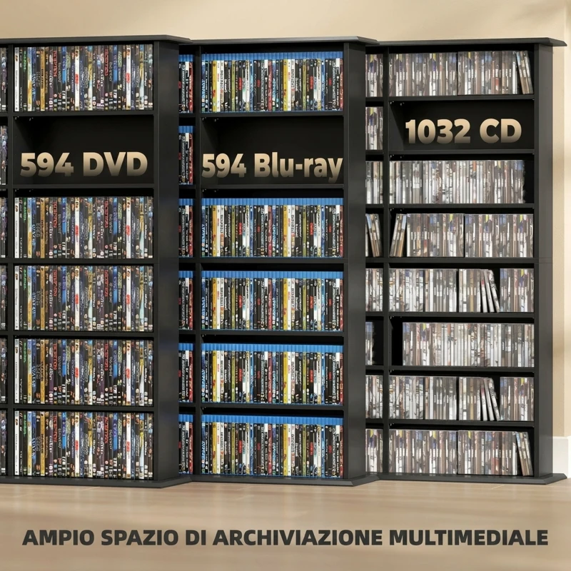 HOMCOM Mobile Porta CD a 8 Livelli con 18 Ripiani Regolabili, 1032 CD/594 DVD/Blu-ray Salvaspazio, con 24 Scomparti, 145x24x126.3 cm, Nero