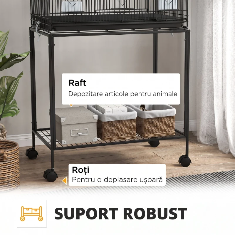 PawHut Cușcă pentru Păsări din Oțel și PP, Design Suprapus cu Stinghii, Leagăne și Scărițe, 77x46x164 cm, Negru
