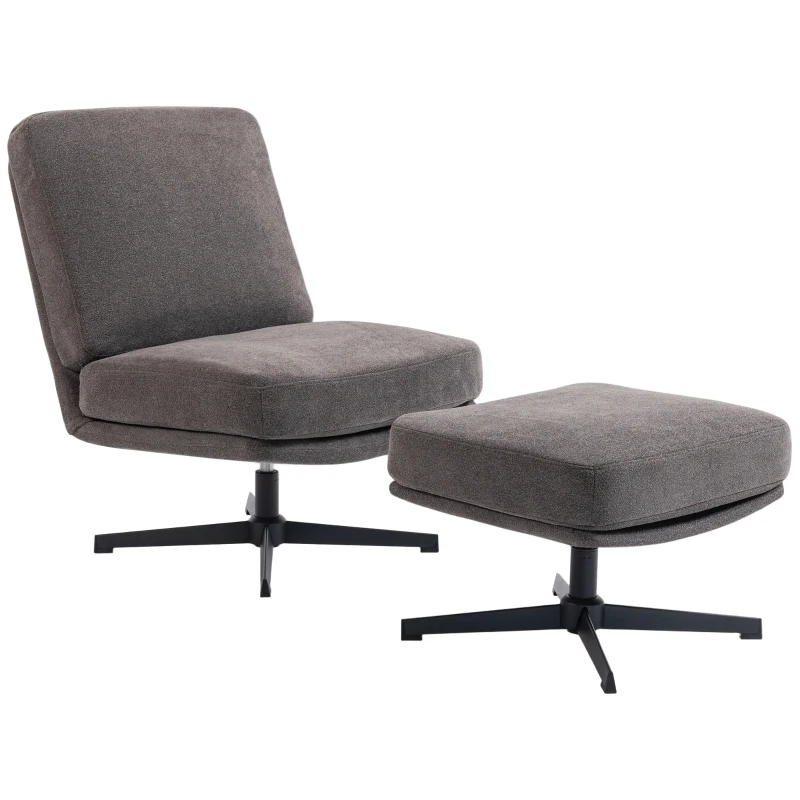 HOMCOM Fauteuil met hocker Draaibare loungestoel in linnenlook voor woonkamer Donkergrijs
