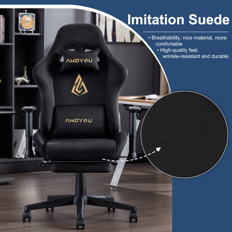 Sedia da gaming con poggiapiedi, in similpelle scamosciata traspirante, regolabile in altezza con pistone a gas, girevole, 70x70x135 cm, Nero