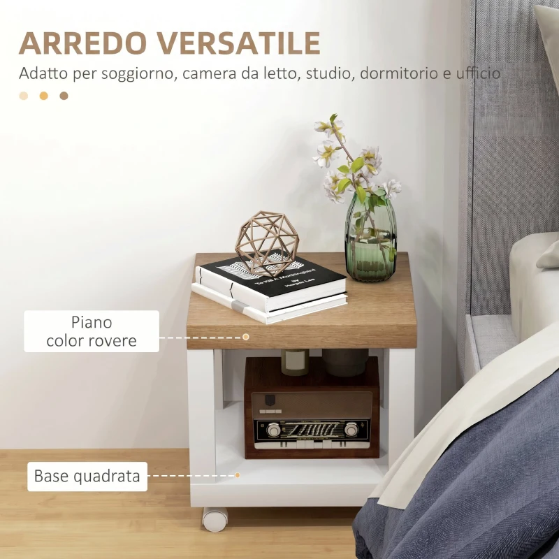 HOMCOM Tavolino da Soggiorno con Rotelle e Mensola Aperta, per Divano, Camera da Letto o Soggiorno, 40x40x40 cm, Legno Naturale e Bianco