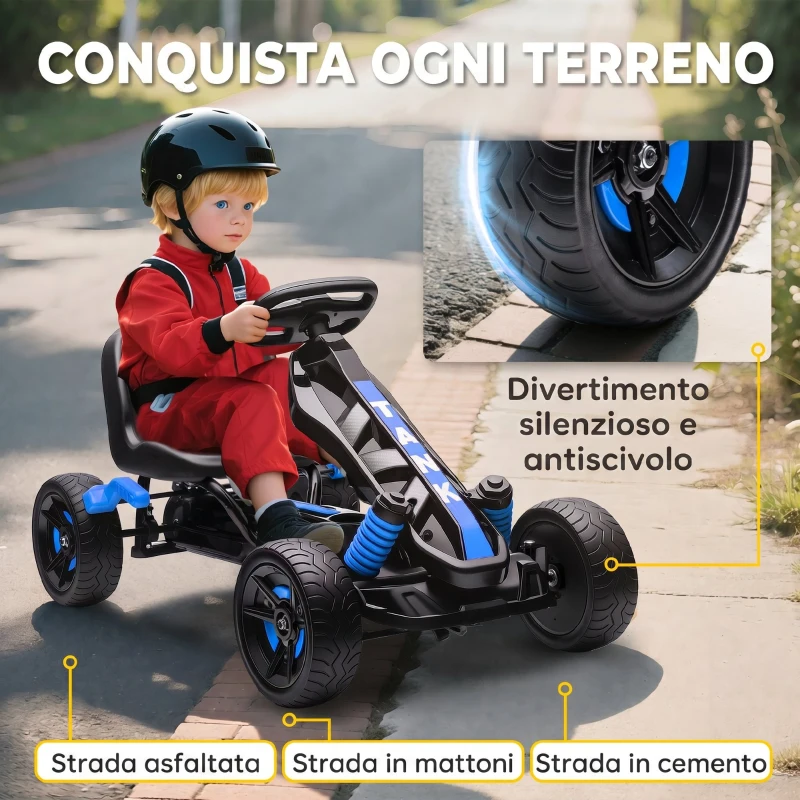 AIYAPLAY Go Kart a Pedali per Bambini 3-6 Anni, 50 kg Portata, con Portabicchieri e Ruote in EVA Antiscivolo, Blu