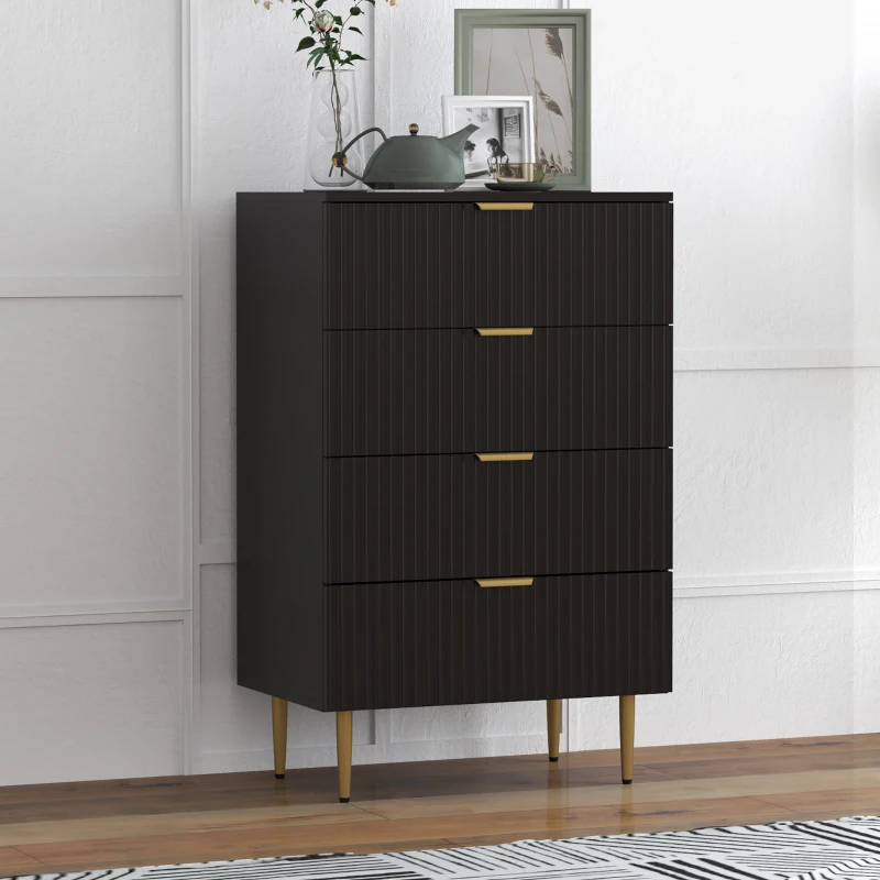 HOMCOM Cassettiera da 4 Cassetti Moderna, Comò con Maniglie Dorate e Dispositivo Antiribaltamento, 60x40x96 cm, Nero