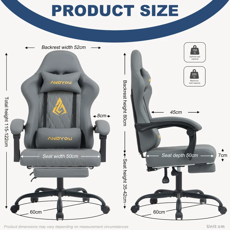 Sedia gaming con poggiapiedi, morbido cuscino per collo e lombare, cuscini di supporto rimovibili, 60x60x122 cm, Grigio