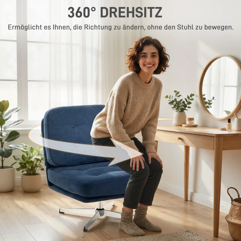 HOMCOM Draaibare Accentstoel, Gestoffeerde Leesstoel met Chenille, Brede Zitting, Verenbekleding en Metalen Poten, Donkerblauw