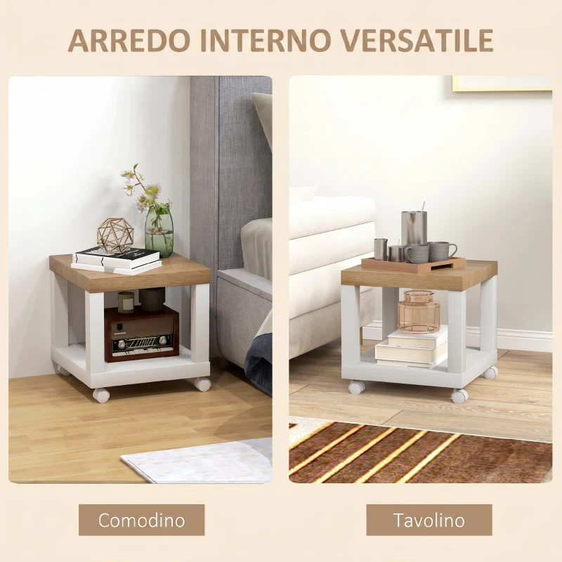 HOMCOM Tavolino da Soggiorno con Rotelle e Mensola Aperta, per Divano, Camera da Letto o Soggiorno, 40x40x40 cm, Legno Naturale e Bianco