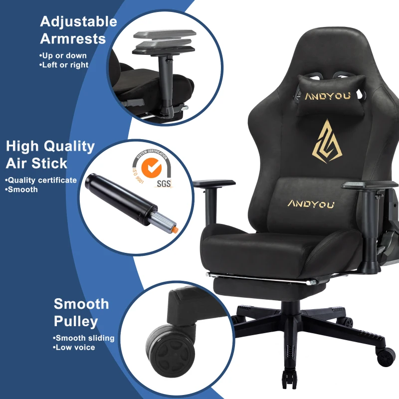 Chaise gaming avec repose-pieds, en similicuir suédé respirant, réglable en hauteur avec vérin à gaz, pivotante, 70x70x135 cm, Noir