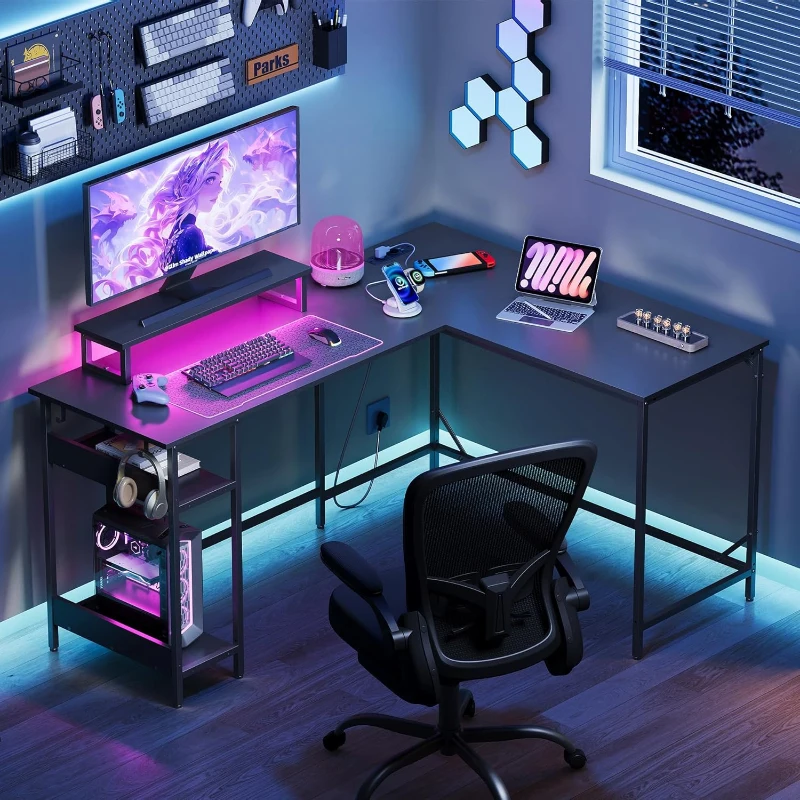 Bureau d'angle gaming 2-en-1, plateau haut de gamme, modulable en forme L ou I, 152x50x87,5 cm, Noir