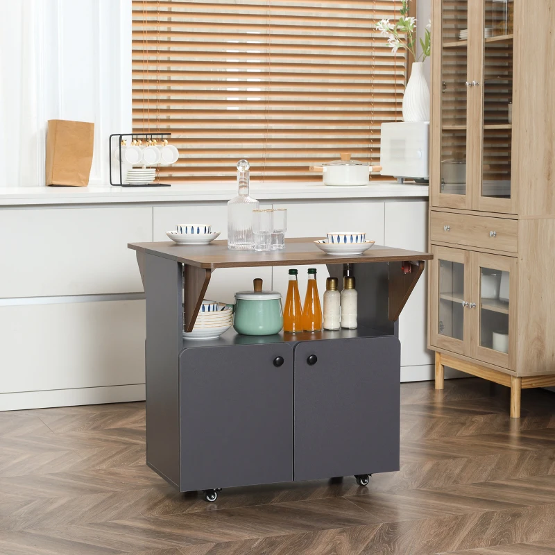 HOMCOM Klaptafel Rollenkast, twee klapbare tafelzijden, kastvak, 4 wielen, Lichtgrijs + Donkerbruin, 70 x 83 x 75cm(m-2)